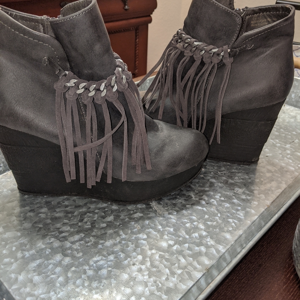 Sbicca Fringe Wedge Booties